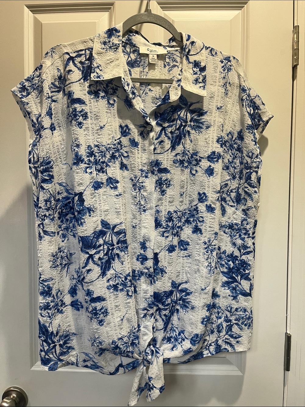 Cynthia Rowley White and Blue Floral Tie-Front Button Shirt